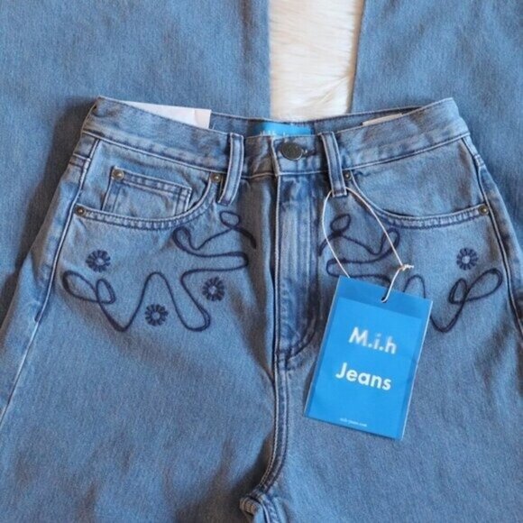 NWT Anthropologie M.i.H Embroidered Wide Leg Light Wash Cropped Jeans Size 24 - Picture 5 of 16